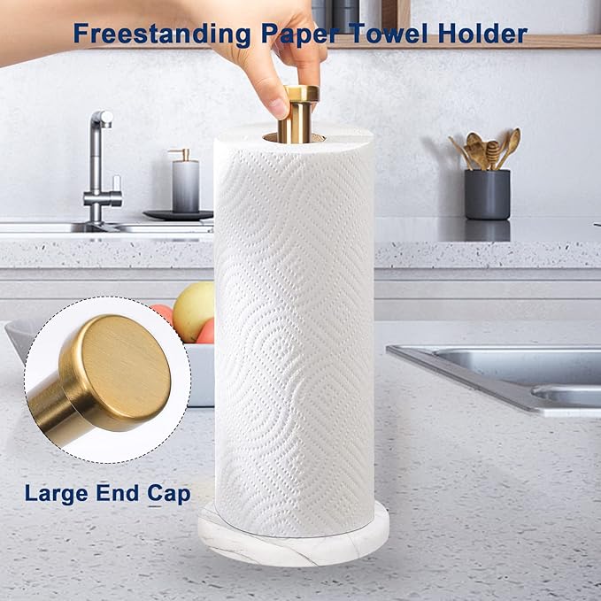NearMoon Standing Paper Towel Holder, Kitchen Paper Towel Tissue Holder- for Bathroom Kitchen Countertop, Standard or Jumbo-Sized Roll Paper (with Marble Base, Brushed Gold)