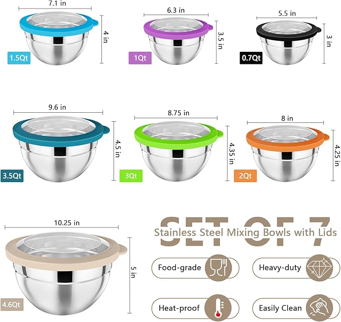 P&P CHEF Mixing Bowl with Lid Set of 7, Stainless Steel Nesting Salad Bowls for Cooking Serving Prepping, Clear Lids & Stackable Design, Size 4.6, 3.5, 3, 2, 1.5, 1, 0.7 Qt - Multicolor
