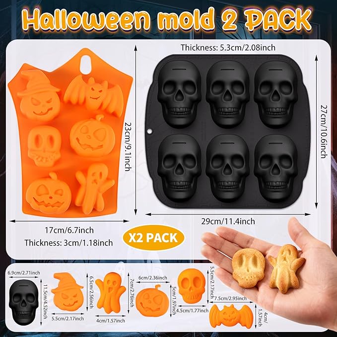 Halloween Skull Cake Pan & Pumpkin Silicone Molds Set – 6 Cavity 3D Skull Baking Pan + 6 Halloween Shape Silicone Molds (Pumpkin, Ghost, Bat) for Cakes, Chocolate, Candy, DIY Party Baking