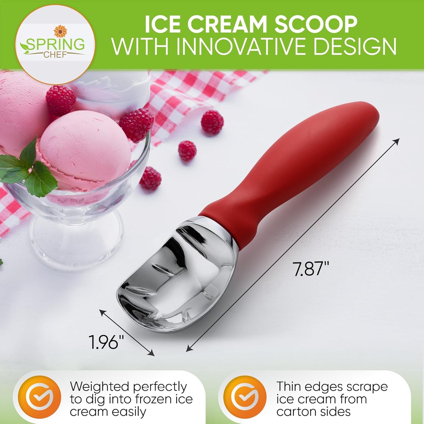 Spring Chef Ice Cream Scoop with Soft Grip Handle, Professional Heavy Duty Sturdy Scooper, Premium Kitchen Tool for Cookie Dough, Gelato, Sorbet, Red