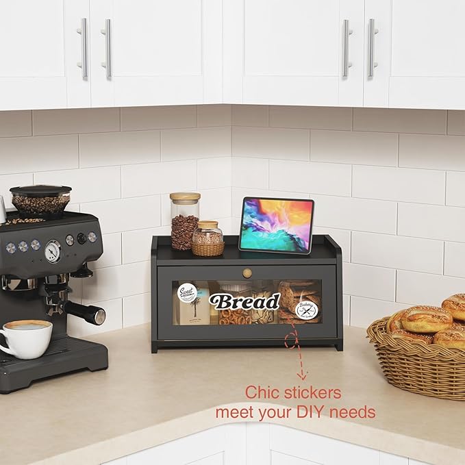 Black Bread Box for Kitchen Countertop, Vintage Wooden Counter Breadbox, Homemade Bread Storage Container for Sourdough Loaf, Small Farmhouse Corner Kitchen Countertop Organizer for Cabinet