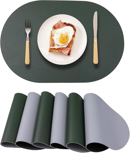 Faux Leather Placemats Set of 6 Oval Reversible Placemat Waterproof Green and Grey PU Table Mats Heat Resistant Anti Slip Wipeable Place Mat for Indoor and Outdoor Dining Table