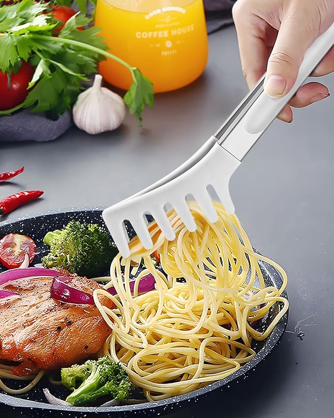 Spaghetti Spoon and Pasta Tong, Non-stick Silicone Spoon Server Fork with teeth and Stainless Steel Handle Spaghetti Tong, Food Clip for Spaghetti Noodle, White