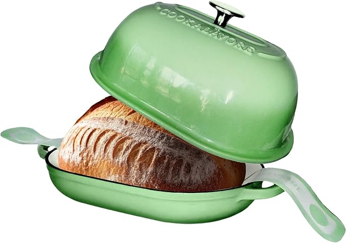 Cast Iron Bread Oven,6 QT Bread Oven,Thick Enameled Loaf Pan with Lid,Bread Pans for Homemade Bread,14.5"Dutch Oven for Bread Baking,Dutch Oven-with Silicone Baking Mat&Recipe,Gifts for Family,Green