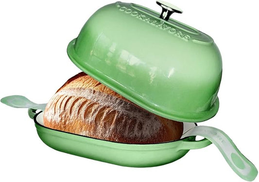 Cast Iron Bread Oven,6 QT Bread Oven,Thick Enameled Loaf Pan with Lid,Bread Pans for Homemade Bread,14.5"Dutch Oven for Bread Baking,Dutch Oven-with Silicone Baking Mat&Recipe,Gifts for Family,Green
