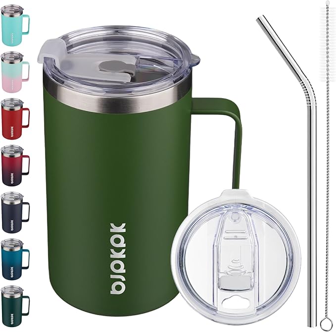 BJPKPK Insulated Coffee Mug with 2 Lids, 25oz Stainless Steel Insulated Tumbler with Handle, Double Wall Vacuum Coffee Cups, BPA Free Travel Mug for Coffee, Tea and Drinks, Forest Green
