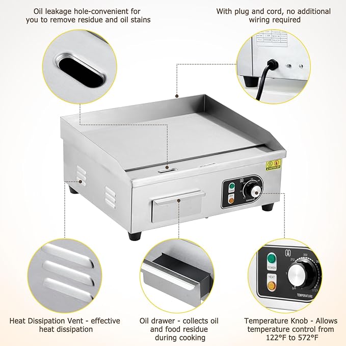 14" Commercial Electric Griddle, 1500W Electric Countertop Griddle, Non-Stick Restaurant 110V Teppanyaki Flat Top Grill Stainless Steel Adjustable Temperature Control 122°F-572°F (with PLUG)
