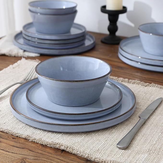 Famiware Annecy Dinner Plates and Bowls Sets, Stoneware Dinnerware Sets, Dishes Set for 6, 18 Pieces Handmade Dishware Set - Microwave & Dishwasher Safe, Double Reactive Glaze Tableware, Reactive Blue