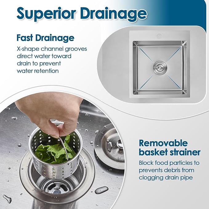 ROVOGO 17x19x8 in. Bar Sink Drop in, Top Mount Kitchen Sink Single Bowl 304 Stainless Steel, Small Wet Bar Prep Sinks with 1 Hole, Brushed