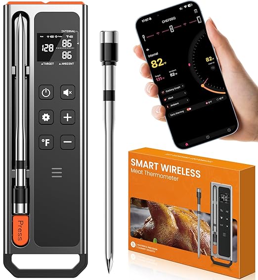 Wireless Meat Thermometer Digital-5.3 Bluetooth for Stable 800ft APP Control (iOS&Android), 10mins Charge for 24H Use Meat Probe, Accuracy ±0.5°F, Instant Read Meat Thermometer for BBQ, Grill, Oven