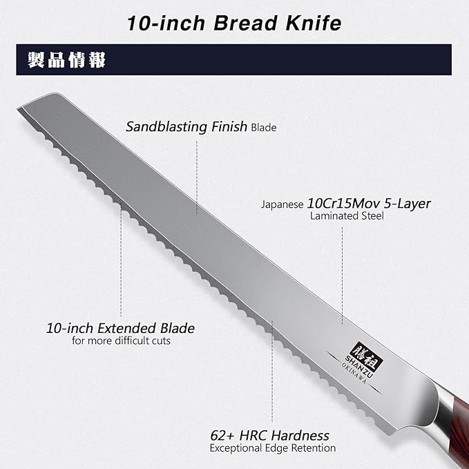 SHAN ZU 10 Inch Bread Knife, Razor Sharp Sourdough Slicing Knife, Japanese High Carbon 10Cr15Mov Stainless Steel Cake Knife, Multifunction Serrated knife for Homemade Bread