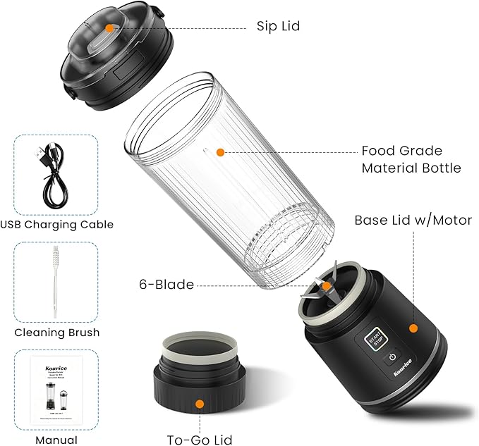 Personal Size Portable Blender for Shakes & Smoothies, 16oz Mini Small Smoothie Blender with On Go Lid & Sip Lid, 26000RPM Rechargeable Cordless Electric Blender for Travel Gym Office