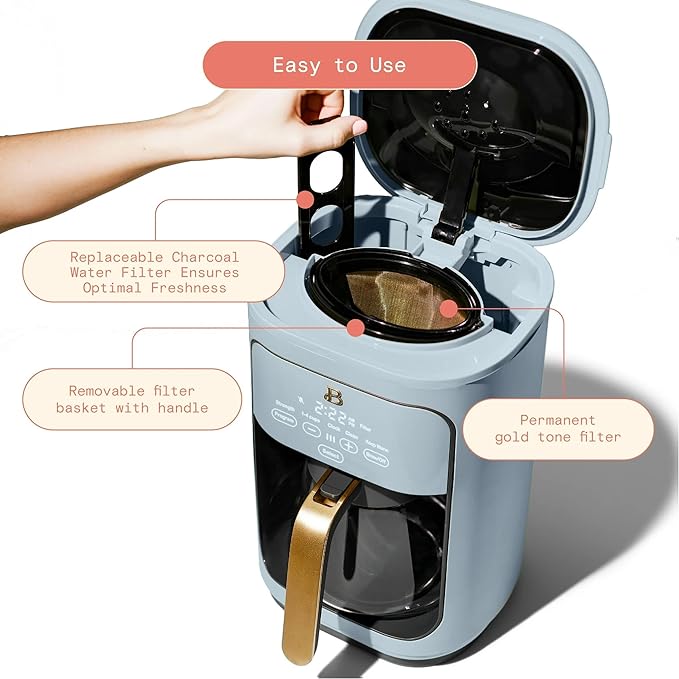 Beautiful 14-Cup Programmable Drip Coffee Maker | Touch-Activated Display, 24-Hr Auto Brew, Reusable Gold-Tone Filter, Charcoal Water Filter, 3 Strengths by Drew Barrymore (Cornflower Blue)