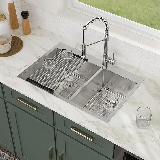 Logmey 33 Inch Double Bowl Drop-In Kitchen Sink 33x22x9 Inch 60/40 Nano Coating Stainless Steel 16 Gauge Handmade Topmount Kitchen Sink