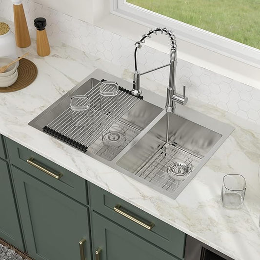 Logmey 33 Inch Double Bowl Drop-In Kitchen Sink 33x22x9 Inch 60/40 Nano Coating Stainless Steel 16 Gauge Handmade Topmount Kitchen Sink