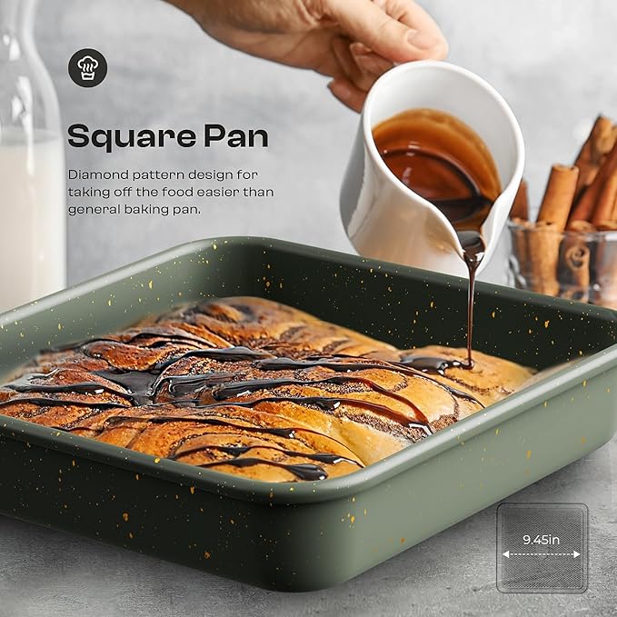 8-Piece Nonstick Bakeware Set, Stackable Oven Pan Set Includes Baking Sheet, Muffin Pan, Cake Pan, Square Pan, Loaf Pan, Cookie Sheet & Cooling Rack (Ceramic Coated Green)