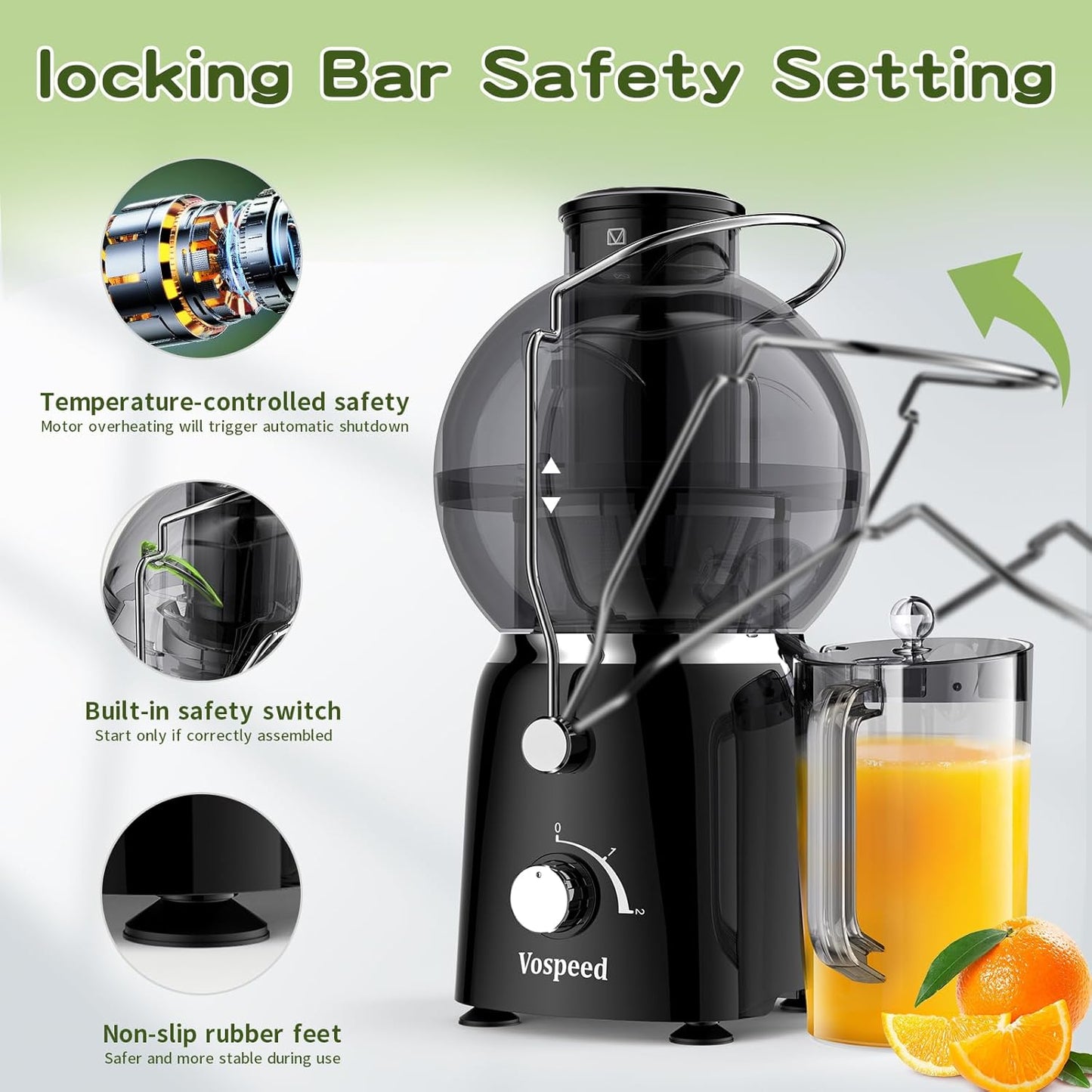 Juicer Maker,Vospeed Juicer Machines,750W juicer machines vegetable and fruit,With 3.5-Inch Wide-Mouth Feed Chute,Juice Extraction at Constant Temperature,With 1.2L Cup, BPA-Free,Easy to Clean (Black)