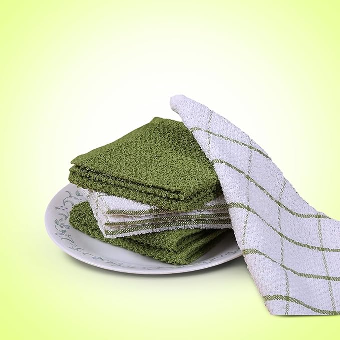 AMOUR INFINI Cotton Kitchen Dish Cloths Set of 8 – Highly Absorbent, Super Soft Premium Terry Cleaning Cloth (12"x12" Inch) Premium Dishcloths for Washing Dishes (Green)