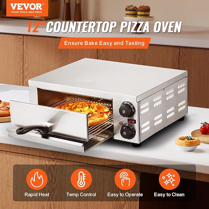 VEVOR Electric Pizza Oven for Countertops, 12-inch, 1500W, with Temp Control & 0-120 Min Timer, Even Baking Technology & Easy Clean Crumb Tray, Ideal for Both Commercial & Home Kitchens