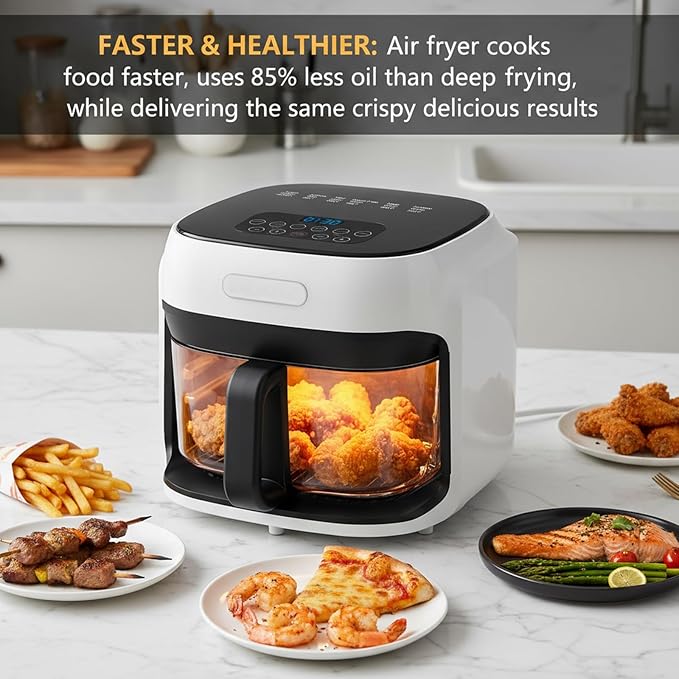 7.4QT Air Fryer with Glass Bowl, Visible Window Lid, Digital Control, 360° Rapid Air Circulation, for Healthy Oil-Free Cooking & Baking, Dishwasher Safe, Nonstick, Easy Clean (White)