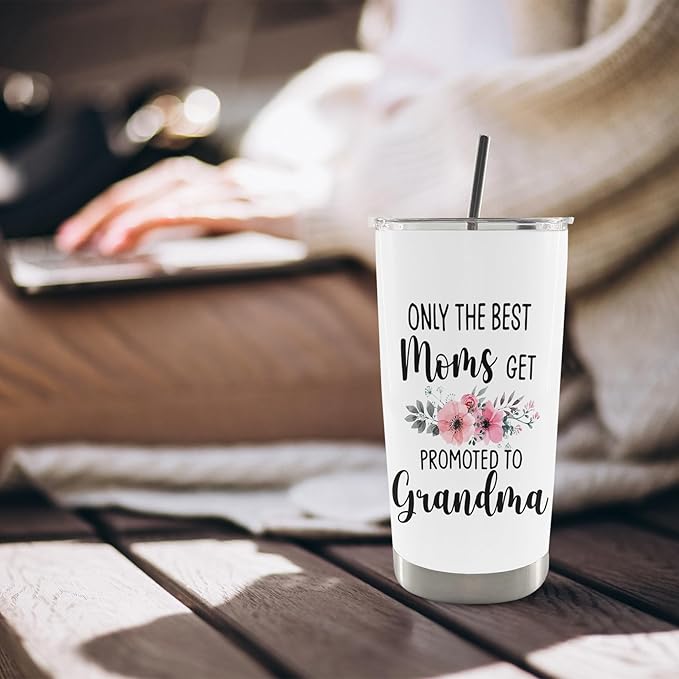 QASHWEY Grandma Gifts Coffee Tumbler - Mothers Day Pregnancy Announcement Gifts for Mom NewGrandma Travel Tumbler Coffee Mug, Get Promoted to Grandma Stainless Steel Tumblers with Straw and Lid 20 oz