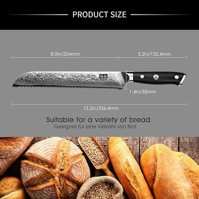 SHAN ZU Bread Knife 8 Inch Japanese Steel Damascus Serrated Knife Wave Edge, Professional Sharp 10Cr15Mov High Carbon Super Steel Cake Knife Bread Cutter with G10 Handle