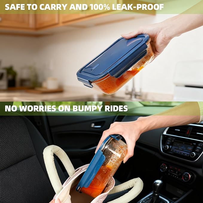 AURADYNE Glass Food Storage Containers with Lids, 3 Borosilicate Meal Prep Containers Reusable (5, 4.4, & 1.75 Cup), 6 Cotton Pot Holder Trivets, 3 Natural Loofah Sponges Lunch Oven Safe/Freezer/Clean