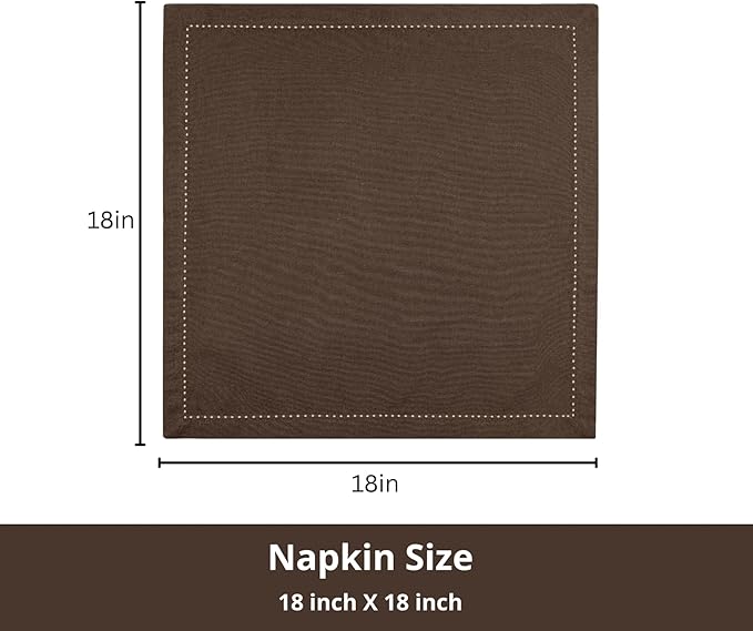 PurpleEssences Set of 12 Hemstitch Cloth Dinner Napkins 100% Cotton - Soft Durable Washable - Ideal for Wedding Christmas Holiday Winter - Perfect Everyday Use Table Linen 18x18 - Nut Brown