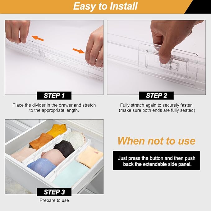 6 Pack Drawer Dividers for Clothes, 2.3" High 13"-21" Adjustable Drawer Dividers Expandable Dresser Drawer Organizer, Clear Drawer Separators for Clothes, Underwear, Cosmetic, Kitchen Utensils Storage