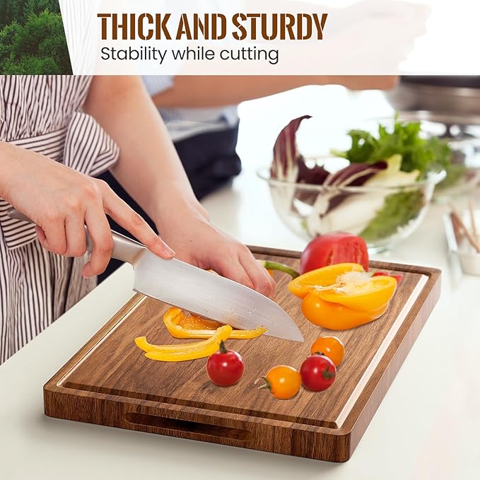 XX-Large Acacia Wood Cutting Board for Kitchen, 24x18x1.2 Inch Reversible Wooden Chopping Board Thick Charcuterie Board with Juice Grooves and Handle for Meat, Cheese, Vegetables, Fruits, Bread