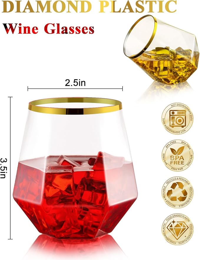 40 PCS Clear & Gold Rim 12 Oz Plastic Wine Whiskey Glasses, Diamond Stemless Unbreakable Disposable Wine Glasses for Party, Ideal for Beach Holidays,Halloween, Christmas, Weddings,Daily Use