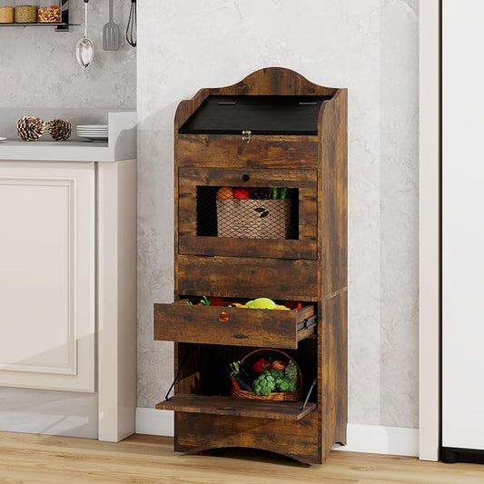 ARTETHYS Potato and Onion Storage Bin with Wheels Movable Bread Box with Lid Rustic Vegetable Organization Cabinet for Kitchen