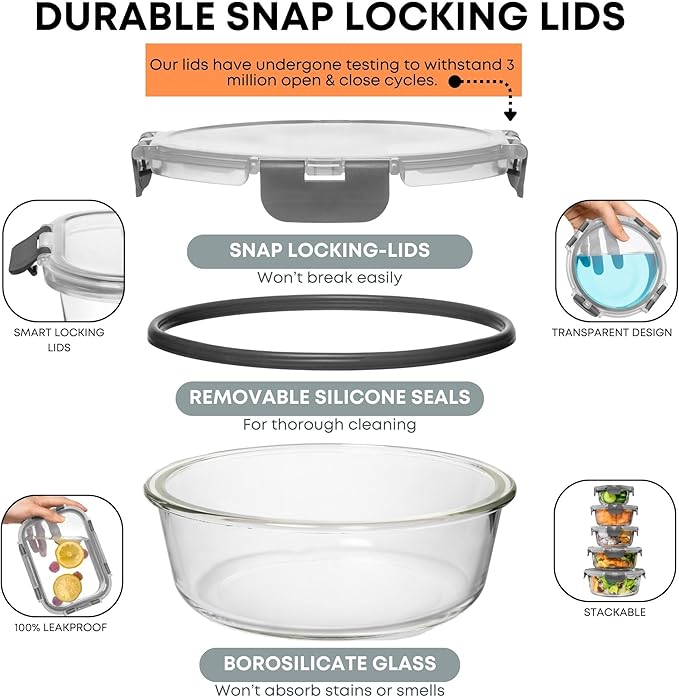 Razab 30 PC Glass Food Storage Containers with Lids - Reusable Glass Meal Prep Containers for Lunch & Leftovers - Airtight & Leakproof Snap Locking Lids - Oven, Freezer, Microwave & Dishwasher Safe