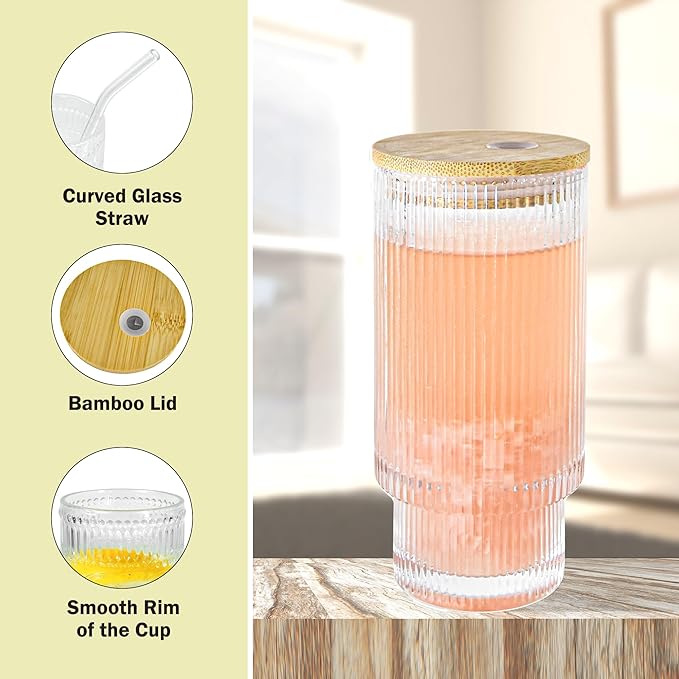 4 Pcs 16 oz Glasses Cups Set with Bamboo Lids Straws Brush Ribbed Vintage Aesthetic Glassware Set for Tea Iced Coffee Beer Cocktail Whiskey