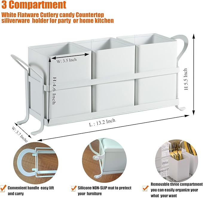 White Metal Utensil Caddy, 3 Compartments, Portable Design, Perfect for Countertop, Outdoor, and Camping