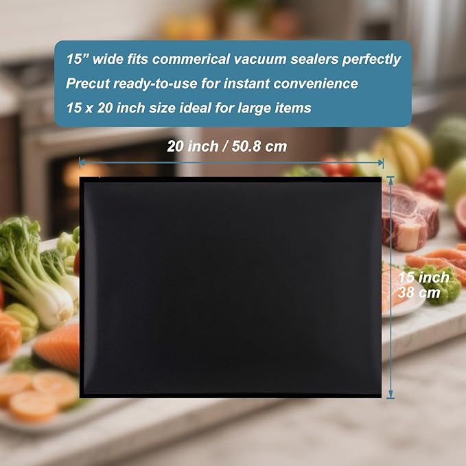 All Black Vacuum Sealer Bags 15" x 20", 5.5 Mil Precut Vacuum Seal Bags for Food Storage, Sous Vide, and Meal Prep, Heavy Duty Commercial Grade, 50 Count