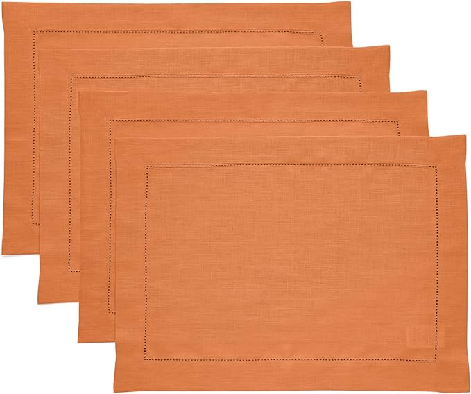 Solino Home Linen Placemats Set of 4 - Classic Hemstitch Pumpkin Placemats 14 x 19 Inch - 100% Pure Linen Table Mats for Fall, Autumn, Thanksgiving, Holiday