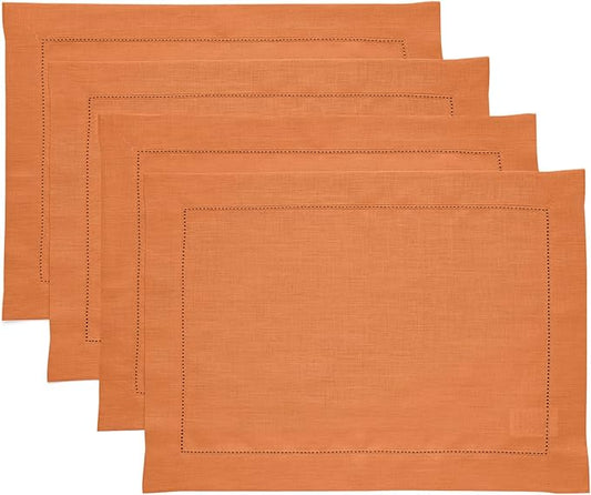 Solino Home Linen Placemats Set of 4 - Classic Hemstitch Pumpkin Placemats 14 x 19 Inch - 100% Pure Linen Table Mats for Fall, Autumn, Thanksgiving, Holiday