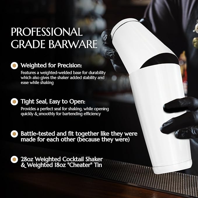 Bull in China 2-Piece Cocktail Shaker Matte White – 28 oz Weighted Shaker & 18oz Weighted Cheater Tin, Professional Grade Bar Shaker, Premium Cocktail Shaker Set for Professional & Home Bartenders