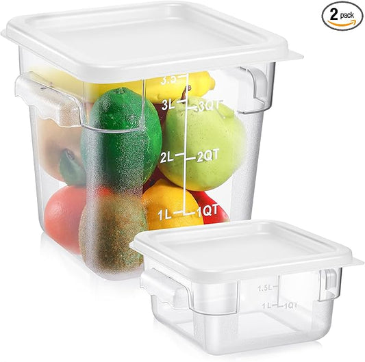2 Pieces Square Food Storage Containers Polycarbonate Clear food Container with Lid Commercial Storage with Graduations for Commercial Kitchen Dough Marinating Meat (White,2 Qt,4 Qt)
