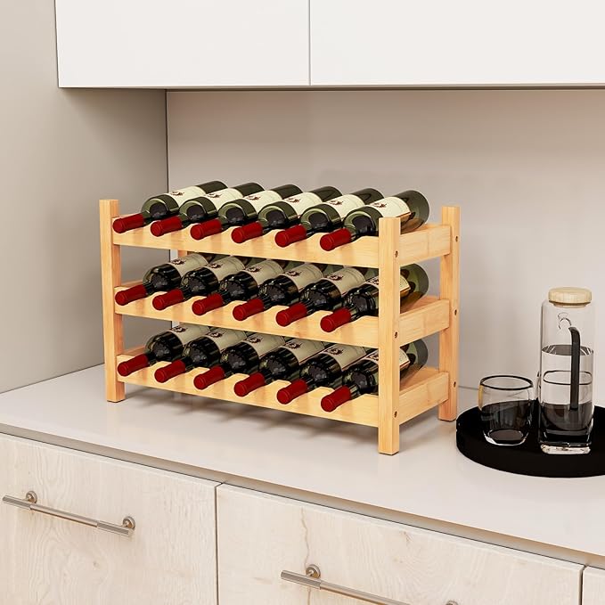 COSTWAY 3-Tier Bamboo Wine Rack, 18-Bottle Tabletop Wine Holder with Wave Slot, Freestanding Countertop Wine Bottle Organizer for Kitchen, Pantry, Pub & Wine Cellar, Natural