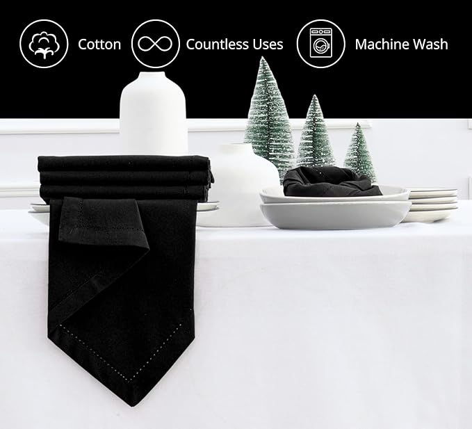 PurpleEssences Set of 12 Hemstitch Cloth Dinner Napkins 100% Cotton - Soft Durable Washable - Ideal for Wedding Christmas Holiday Winter - Perfect Everyday Use Table Linen 18x18 - Black
