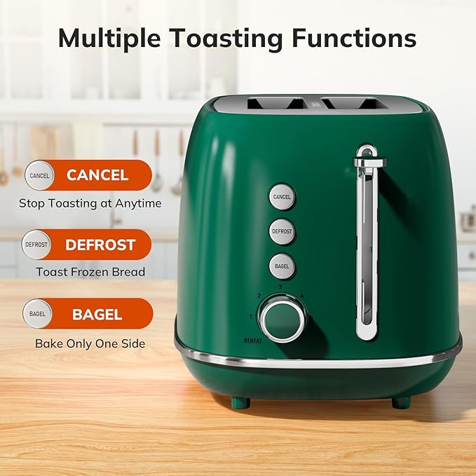 Toaster 2 Slice Stainless Steel with 6 Bread Shade Settings, Bagel, Cancel, Defrost Function, Retro 2 Slice Toaster with Extra Wide Slot, Removable Crumb Tray, dark green