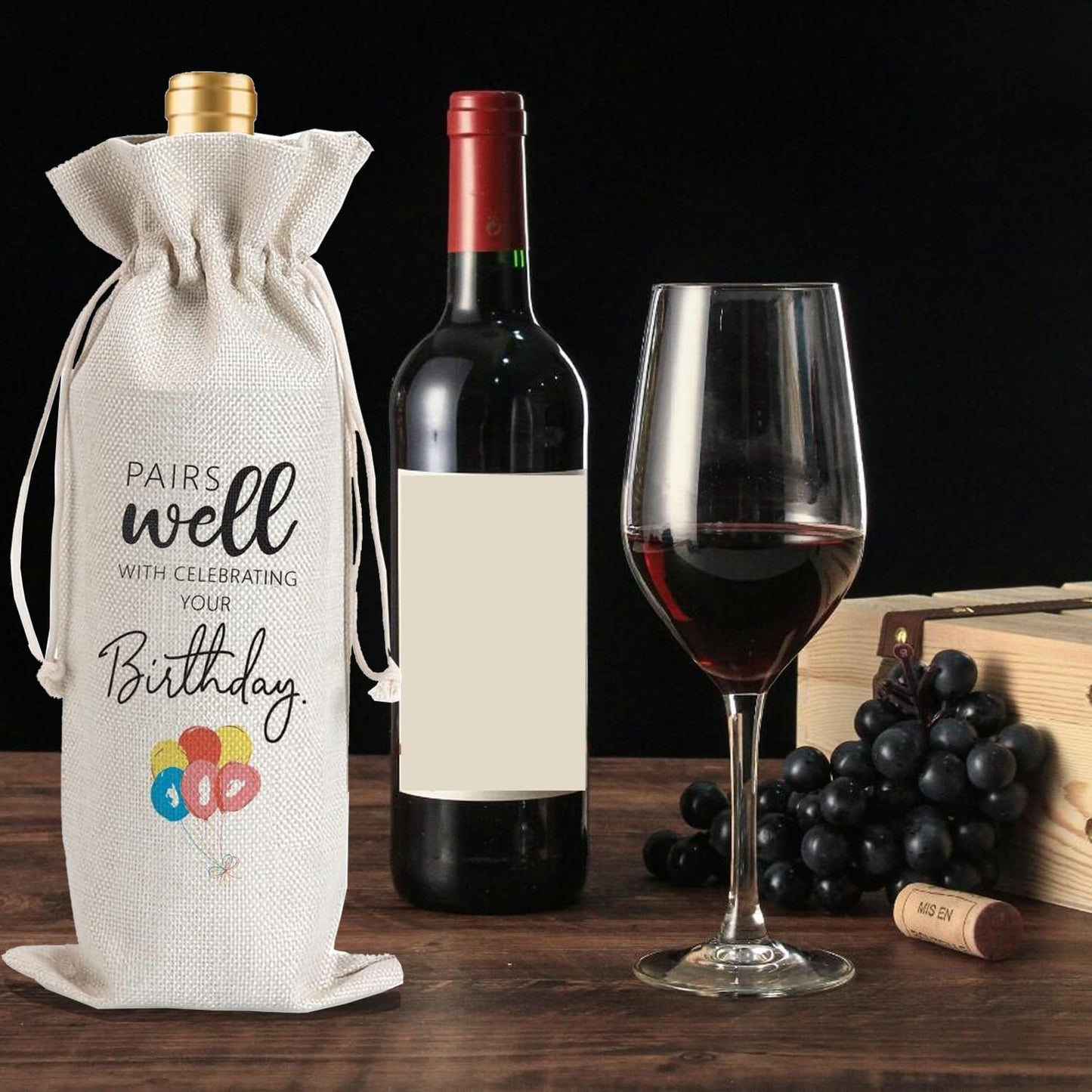 Julont 1Pcs Birthday Gift Ideas for Women & Men, Birthday Party Wine Bag Gift,Happy Birthdate decor, with 1Pcs Kraft Blessing Cards and natural jute rope