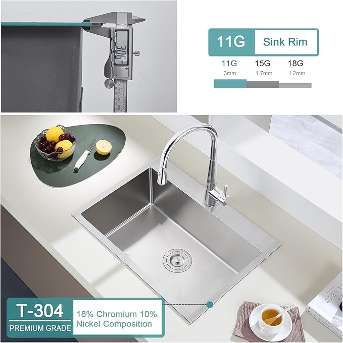 26 inch Kitchen Sink Single Bowl - 304 Stainless Steel Drop in Bar Sink Handmade with Basket Strainer, TopMount Modern Sinks with Centered Drain, 26×18×9 inch