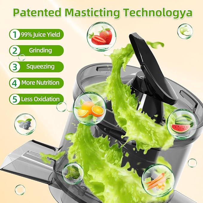 Budsom Cold Press Juicer Machine: 300W Slow Masticating Juicer for Whole Fruits & Vegetables, 5.3" Wide Feed Chute, High Juice Yield, Easy to Clean, Quiet 55 RPM, Juice Extractor for Home & Kitchen