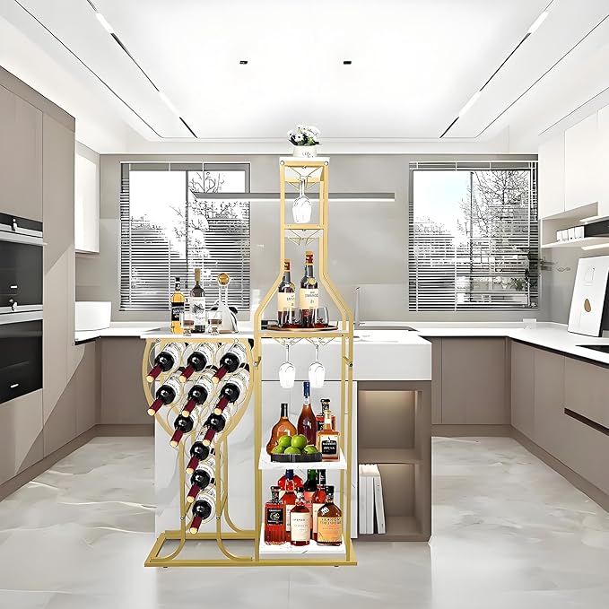 5-Tier Wine Rack Freestanding Floor, 11 Bottles Modern Wooden Wine Holder-Storage Cabinet for Home Bar, Kitchen, Dining Room Space Saving Bar Stand with Easy Assembly.(Gold/White)