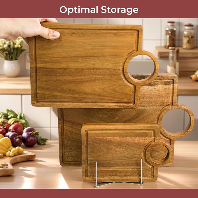 Acacia Wood Cutting Boards set of 3 with Juice Groove ＆ Handle Thickened Design Including Large(Chopping)/Medium(Prep)/Small(Serving) Multi-functional for Kitchen or Serving Tray