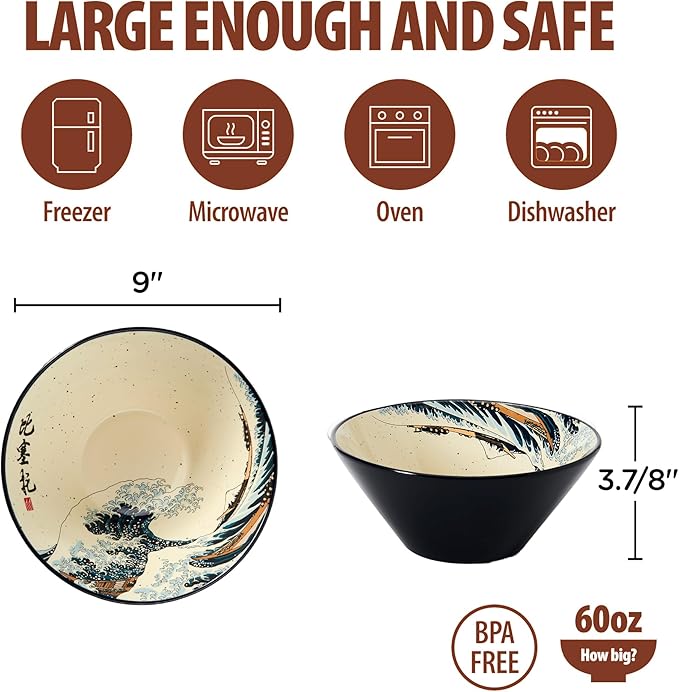 Japanese Ramen Bowl Set with Great Wave Design - 60oz Large Ceramic Bowls, Spoons, Chopsticks for Ramen, Pho, Salad, Poke - Premium Gift for Ramen Lovers - Microwave & Dishwasher Safe
