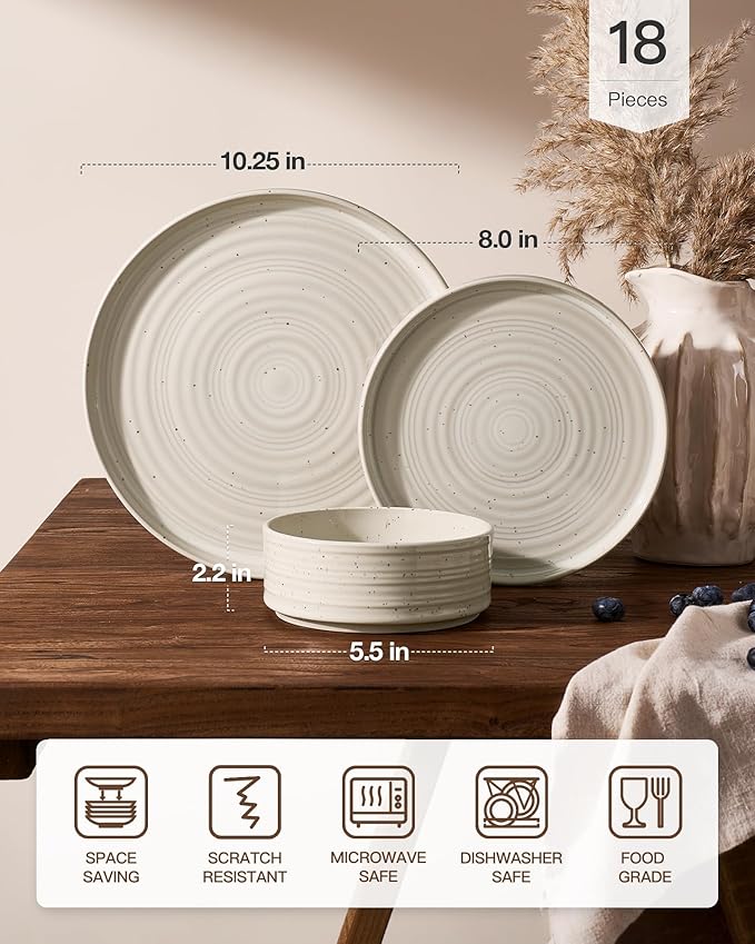 Stoneware Dinnerware Sets, Dish Set for 6, 18 Pieces Spiral Dishware Set with Straight Rim, Speckles & Reactive Glaze - Microwave and Dishwasher Safe Tableware, Shell Beige